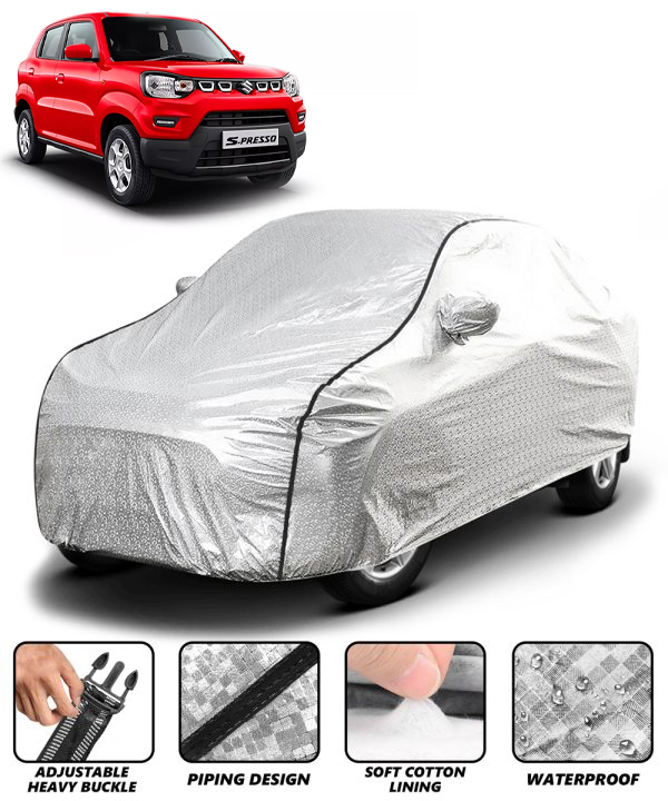 Carzex Waterproof & Heat Resistant Metallic Silver With Black Border Car Body Cover with Mirror Pockets For Maruti Suzuki S-Presso